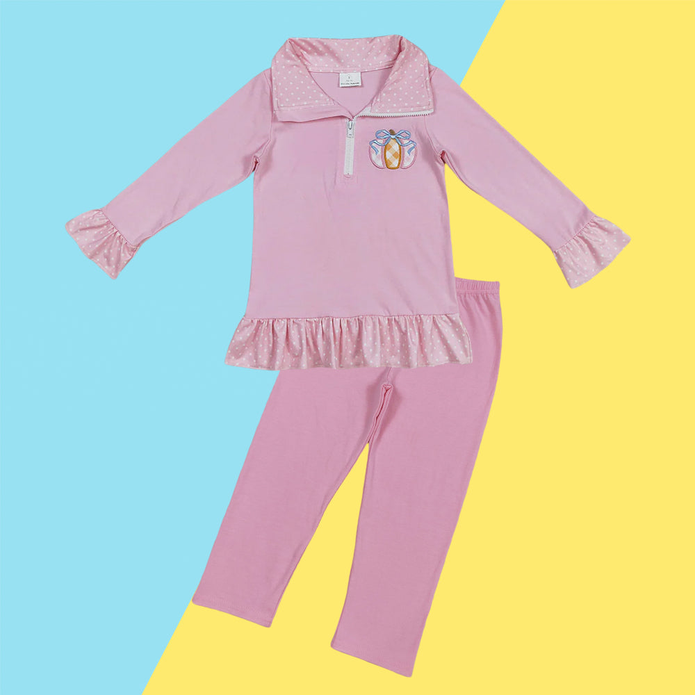 Kids Girls Applique Pumpkin Pullover Top With Pink Leggings Set