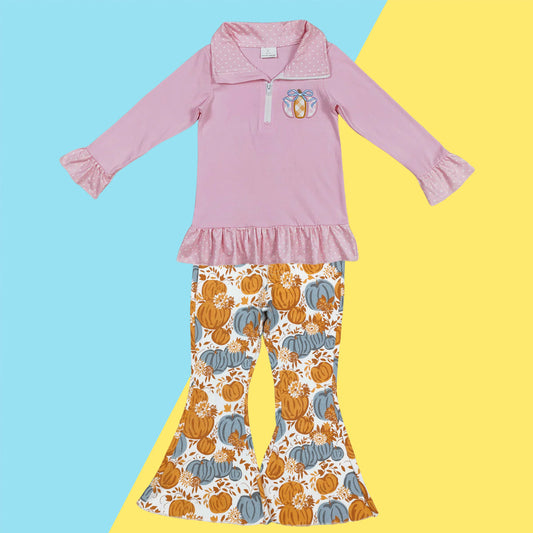 Kids Girls Applique Pumpkin Pullover Top With Denim Pants Outfit