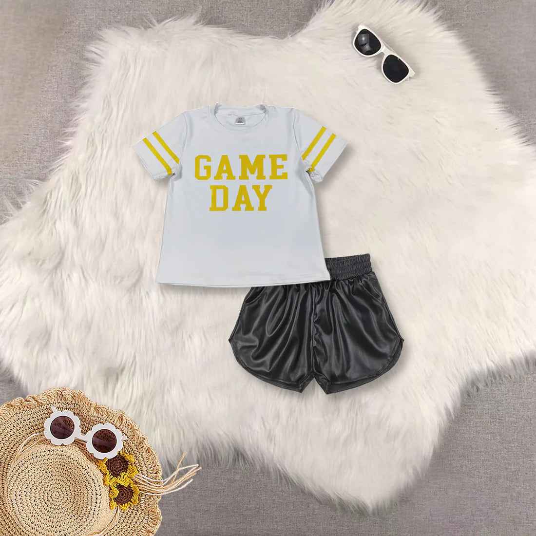 Kids Girls Sibling Game Day Top With Leather Shorts Set