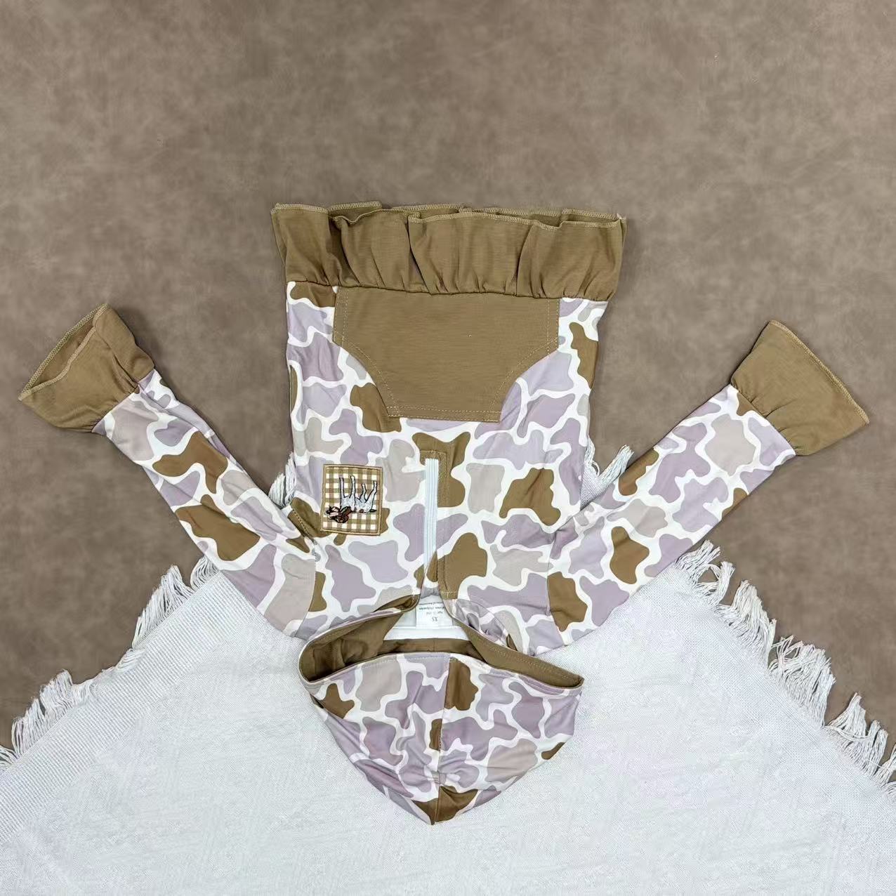 Baby Sibling Hunting Camo Applique Hound Long Sleeve Hooded With Half Zip and Pocket