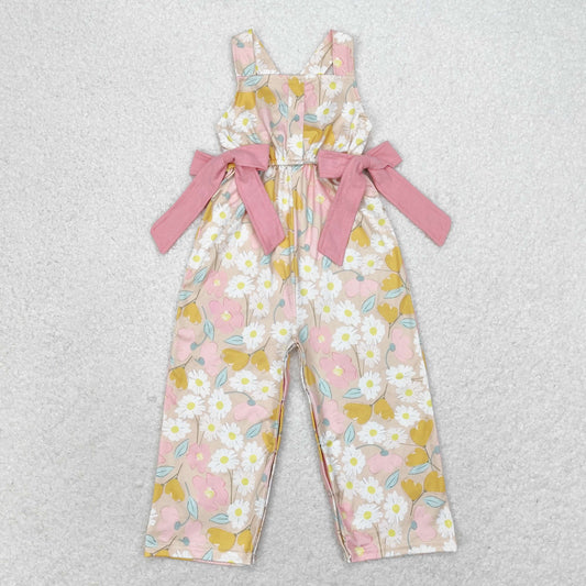 Baby Girls Pink Flowers Straps Bows Long Pants Jumpsuits