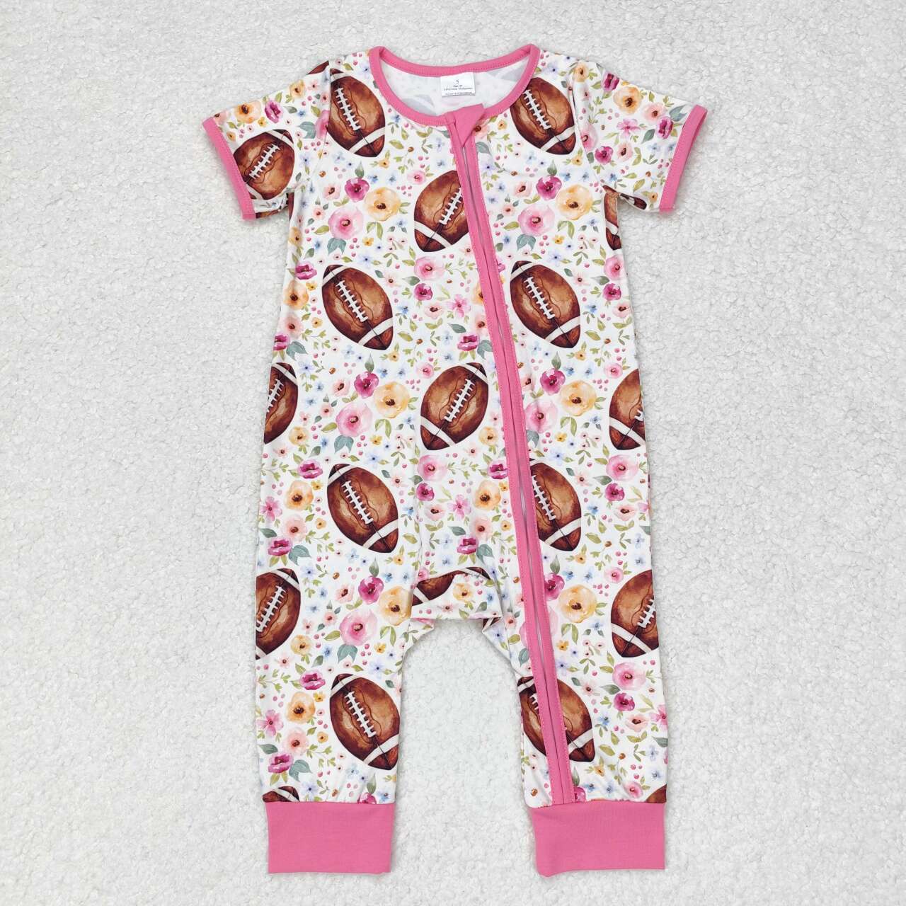 SR1872 Baby Girls Football Team Flower Zipper Romper