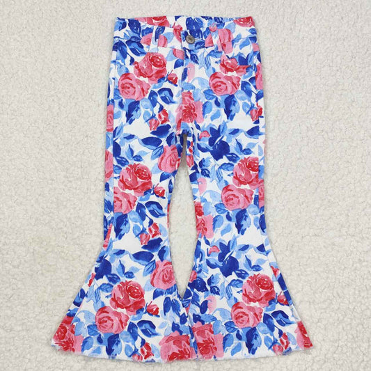 Kids Girls Pink Blue Flower Bell Bottom Denim Pants