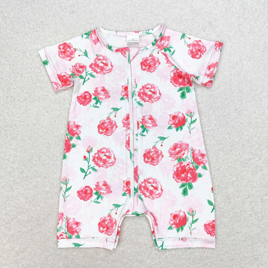 Baby Girls Pretty Rose Short Sleeve Zipper Romper