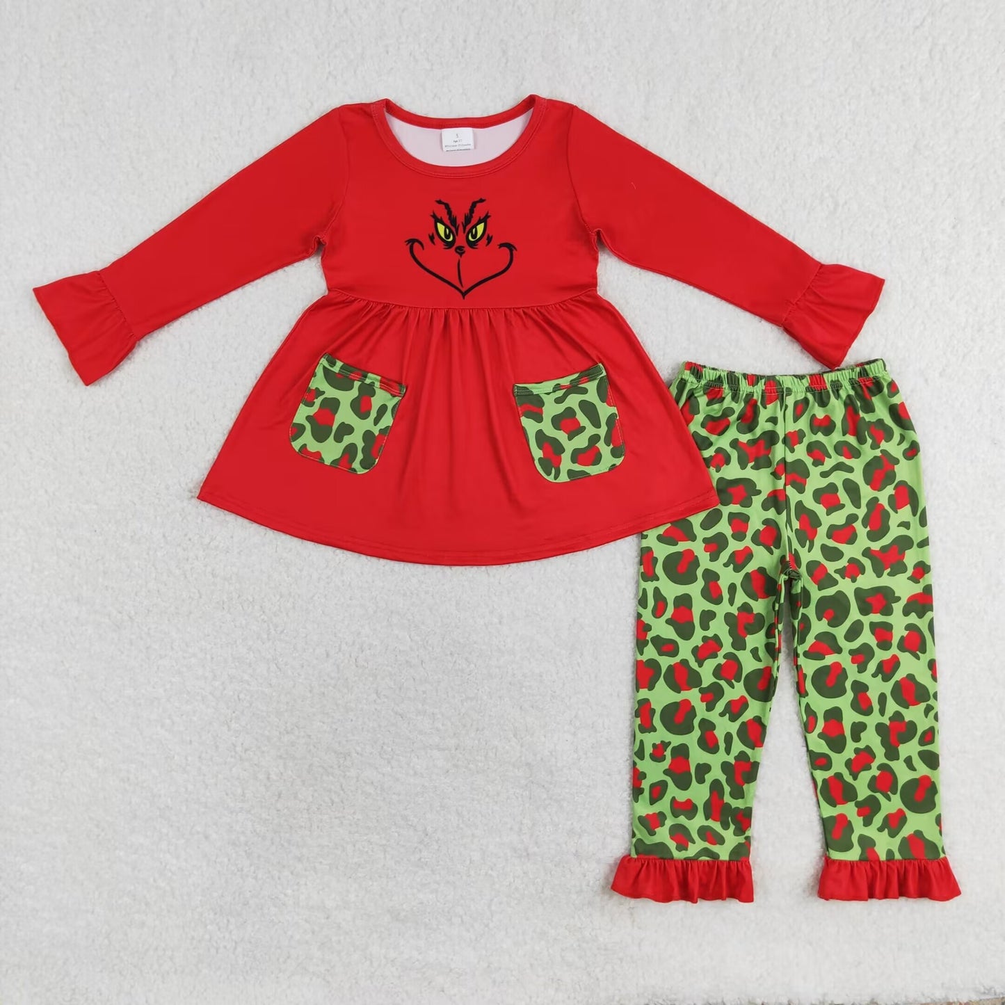 Baby Girls Christmas Green Face Red Leoaprd Ruffle Pants Clothes Set