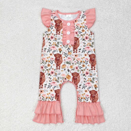 Newborn Baby Girls Highland Cow Floral Romper