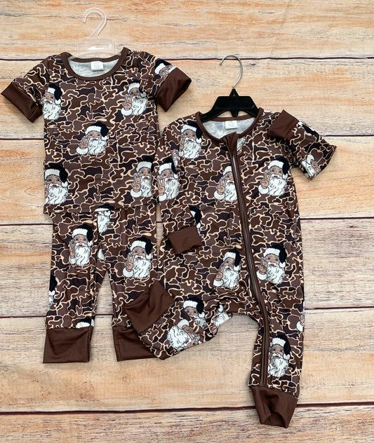 Toddler Boys Brother Christmas Brown Camo Santa Bamboo Pajama Set and Romper