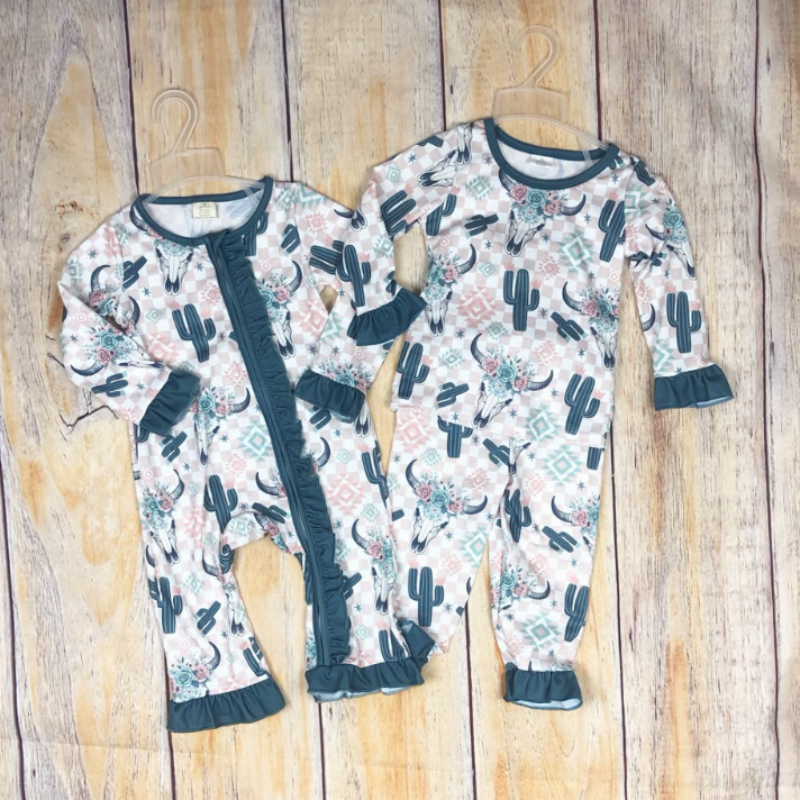 Baby Girls Western Cactus Steer's Skull Bamboo Pajama Set and Romper