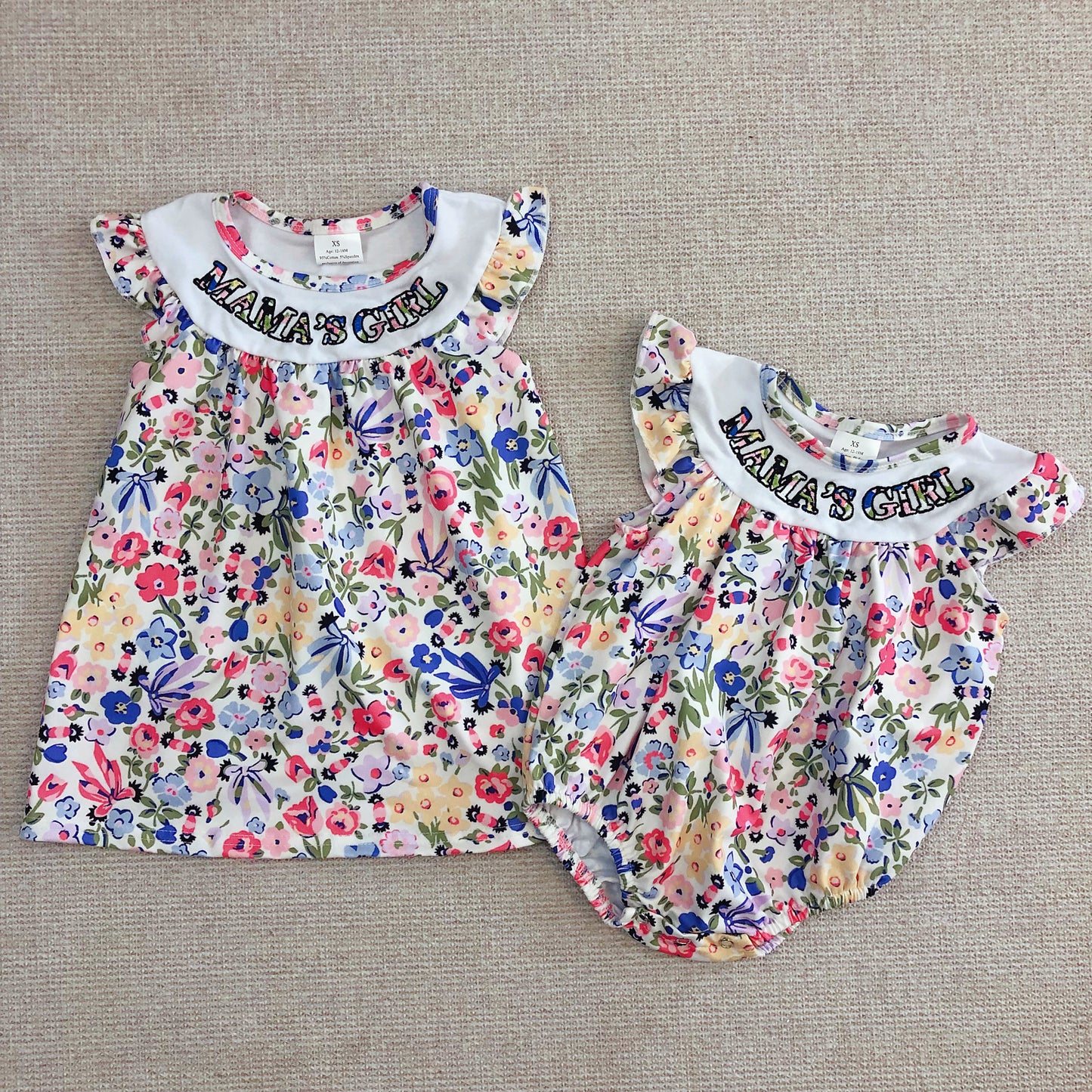 Sibling Baby Girls Flutter Sleeves Floral Embroidery MAMAS GIRL Dress And  Rompers