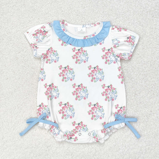 SR1627 Baby Girls Bird Short Sleeve Ruffle Bows Rompers