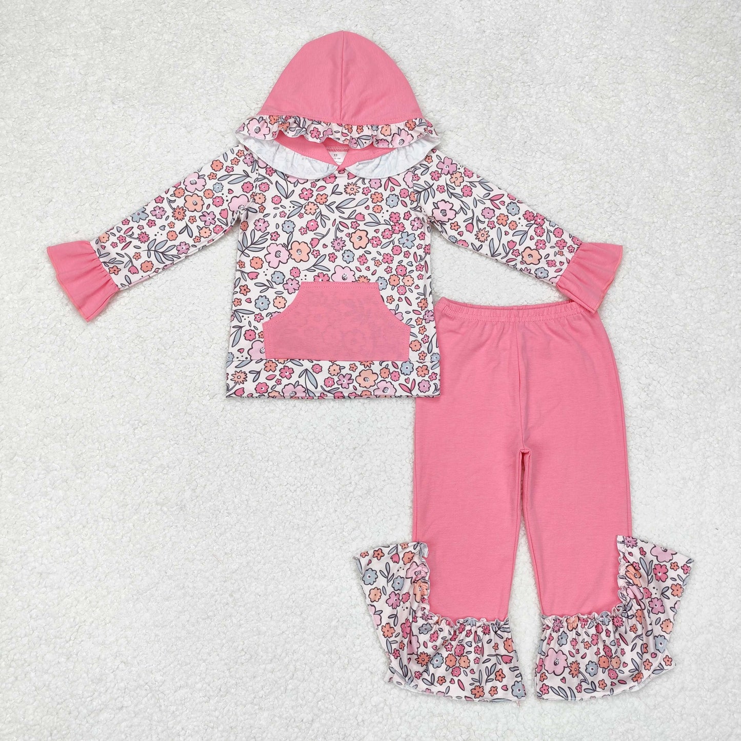 Baby Girls Floral Hoodie Top Pink Ruffle Pants Set