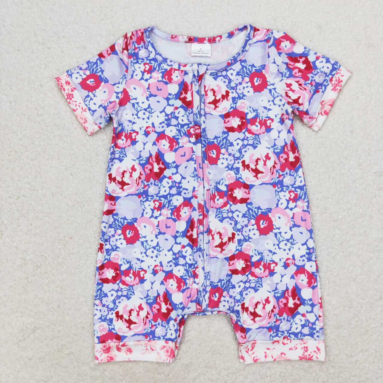 Baby Girls Purple Floral Short Sleeve Zipper Romper