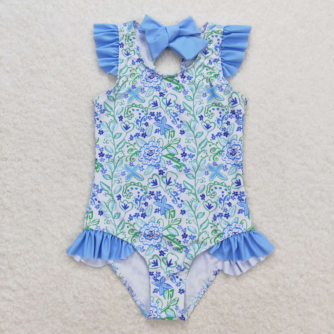 S0278 Baby Girls Summer Blue Floral Swimsuit