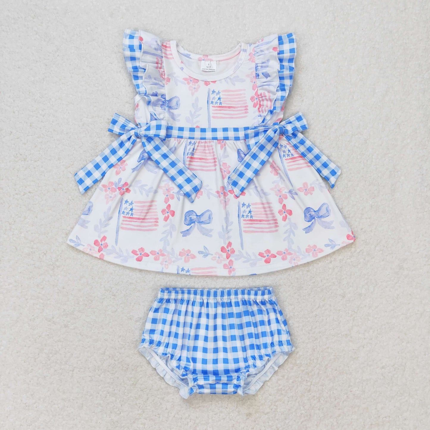 Baby Girls July 4th Flag Bow Bummie Set