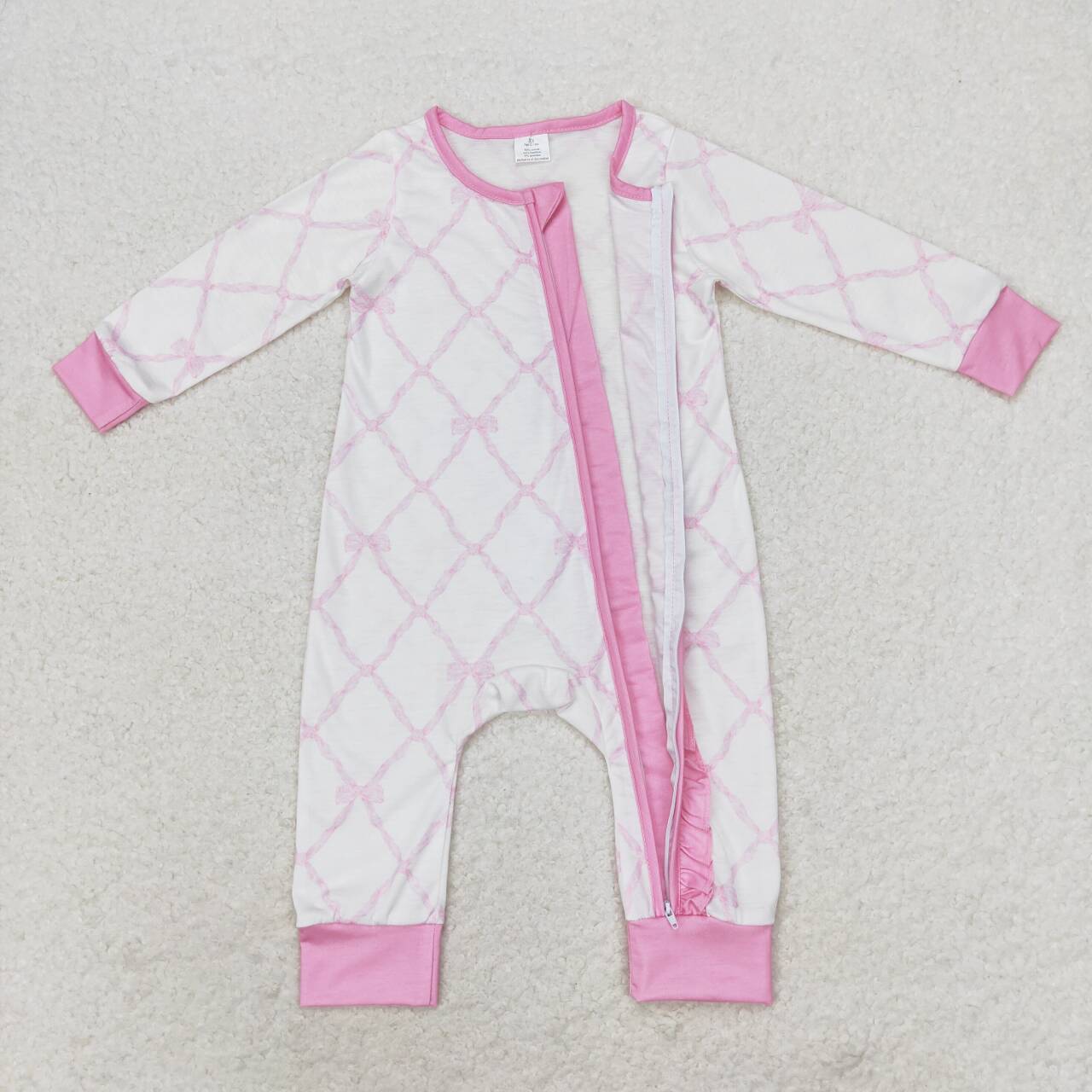 Baby Girls Pink Bow Print Zipper Bamboo Romper