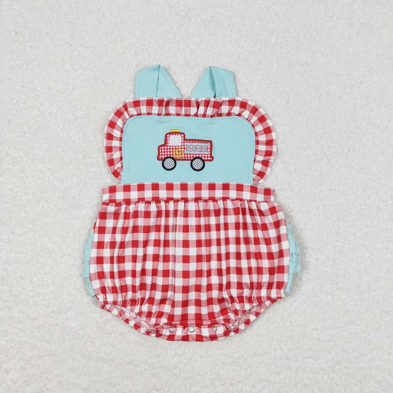 SR0958 Baby Infant Girls Fire Truck Checkered Rompers