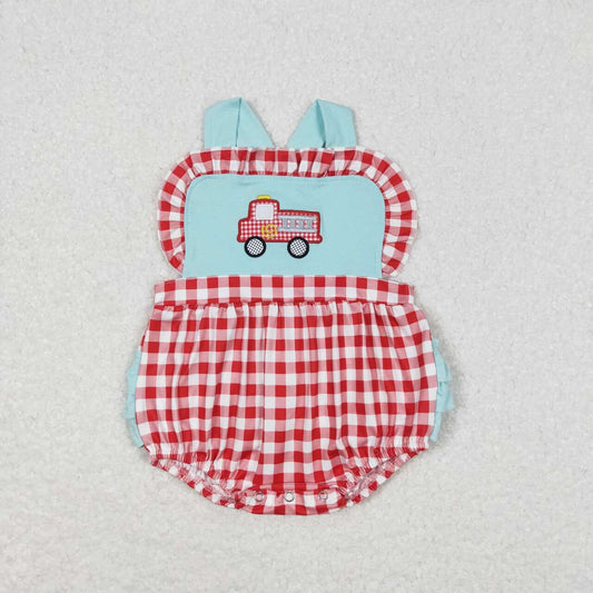 SR0958 Baby Infant Girls Fire Truck Checkered Rompers