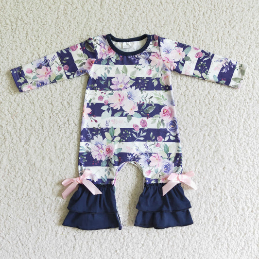 LR0063  Baby GIrls Floral Purple Striped Long Sleeve Romper On Sale