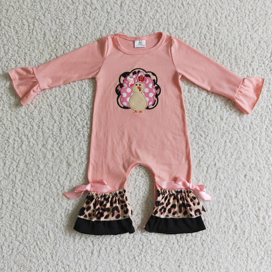 LR0112 Thanksgiving Embroidery Turkey Pink Romper