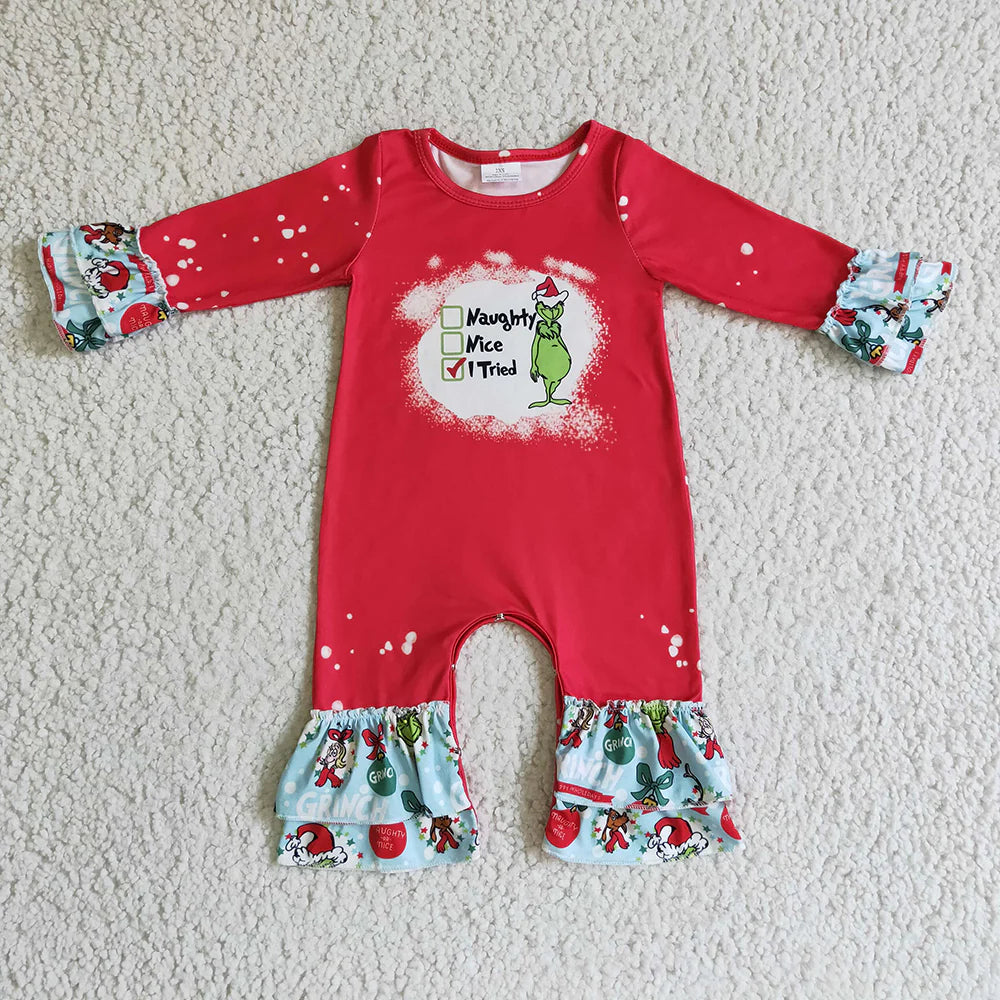Sibling Baby Christmas Green Face Cartoon Dress/Outfit/Romper