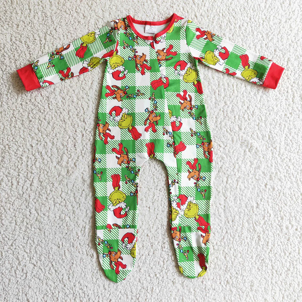 Baby Christmas Green Face Cartoon Footed Zip Romper