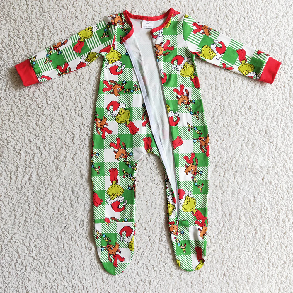 Baby Christmas Green Face Cartoon Footed Zip Romper