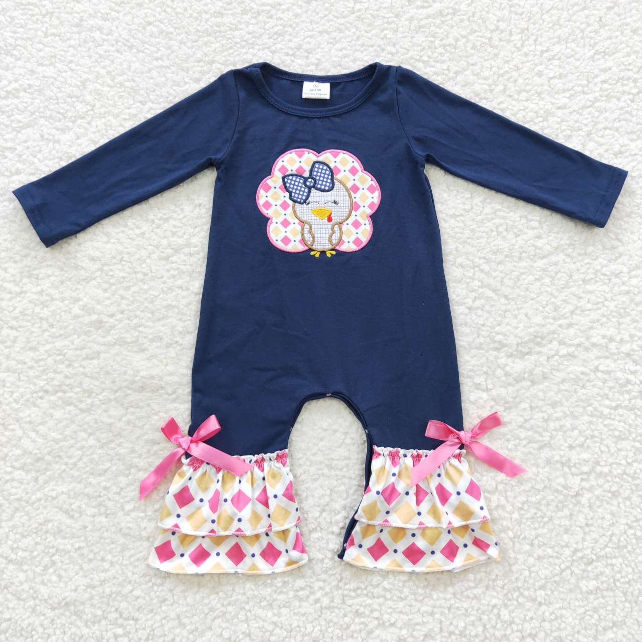 Baby Girls Sibling Embroidery Turkey Navy Outfit and Romper