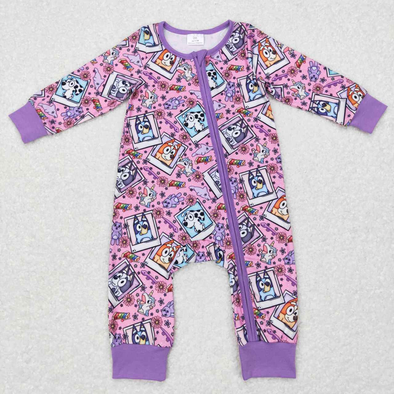 Baby Kids Purple Long Sleeves Flowers Cartoon Blue Dogs Zipper Rompers