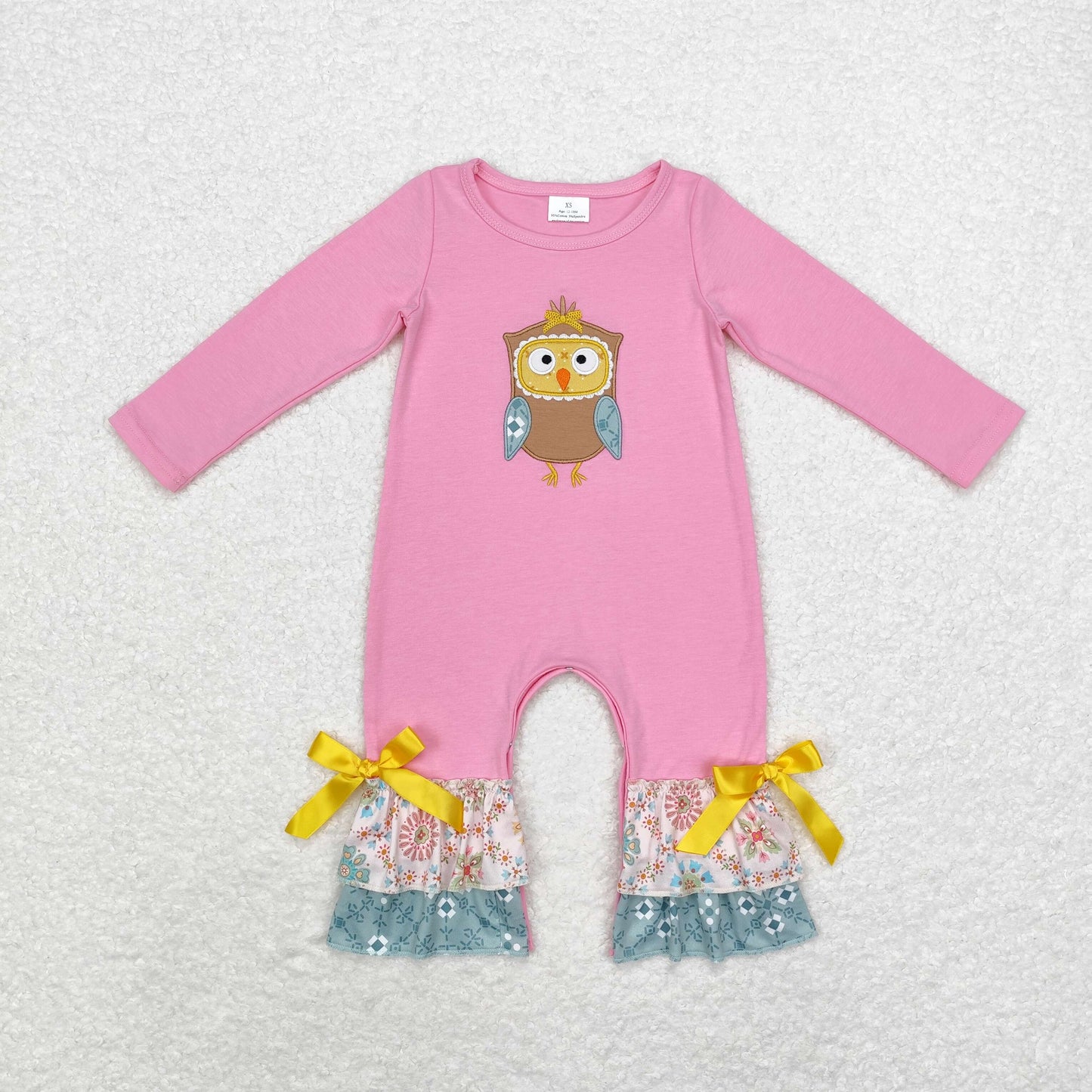 LR0494 Baby Girls  Fall Embroidery Owl Long Sleeve Romper