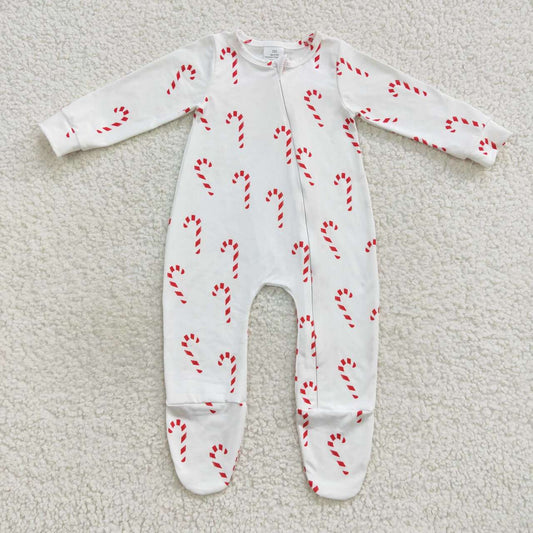 LR0551 Baby Christmas Candy Cane Footed Zip Romper