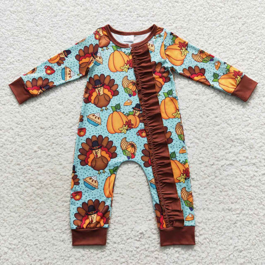 LR0580 Newborn Baby Girls Thanksgiving Turley Pumpkin Romper