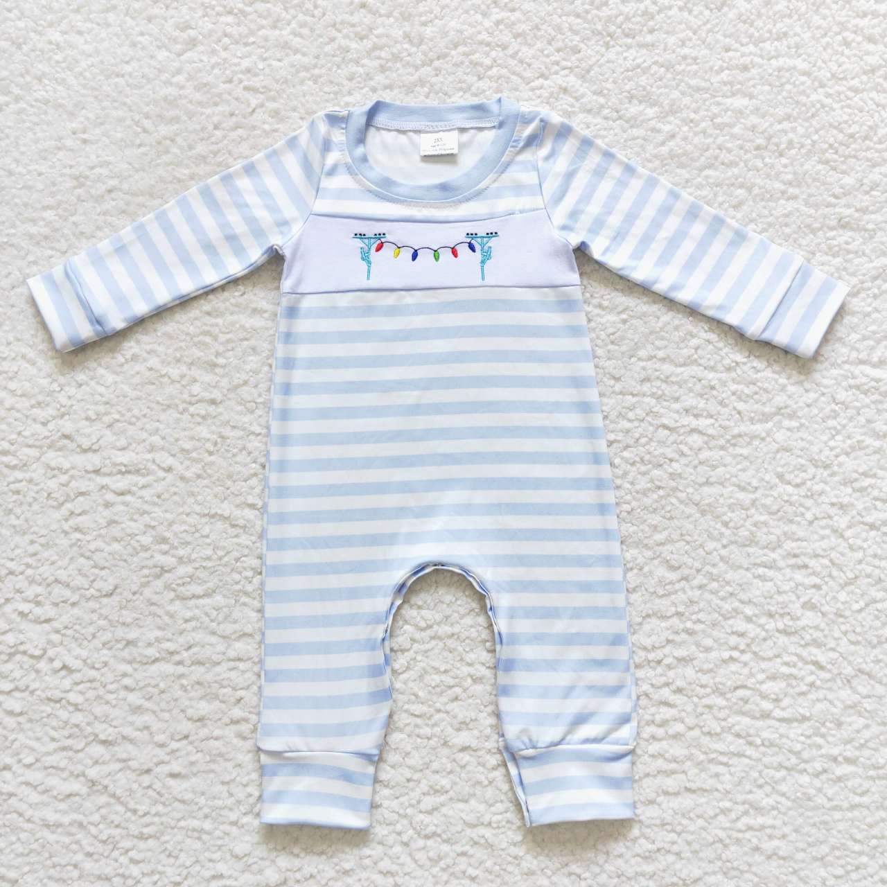 LR0583 Christmas Baby Boys Light Blue Striped Romper