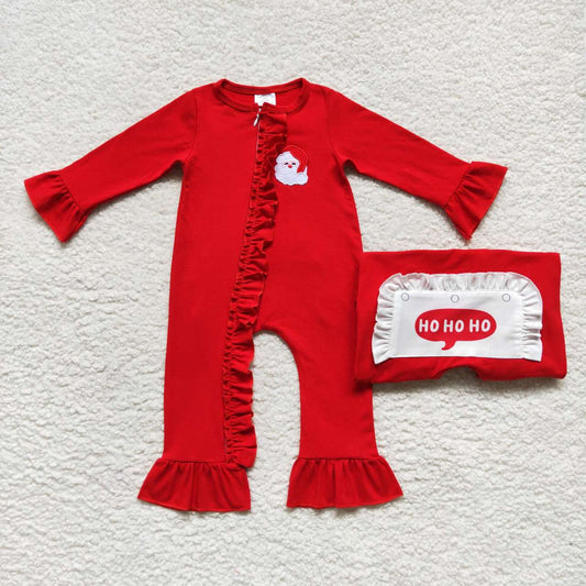 LR0599 Baby Girls  Santa Christmas Red Ruffle Rompers