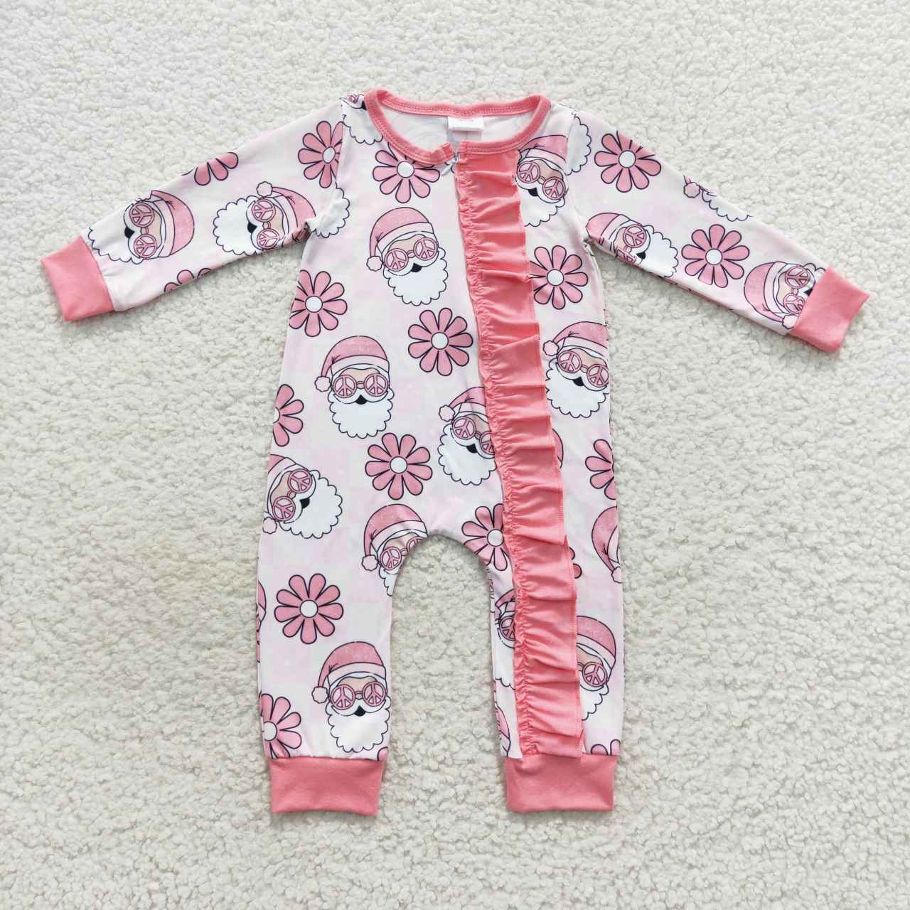 Baby Girls Sister Christmas Pink Santa Pajama and Zipper Romper