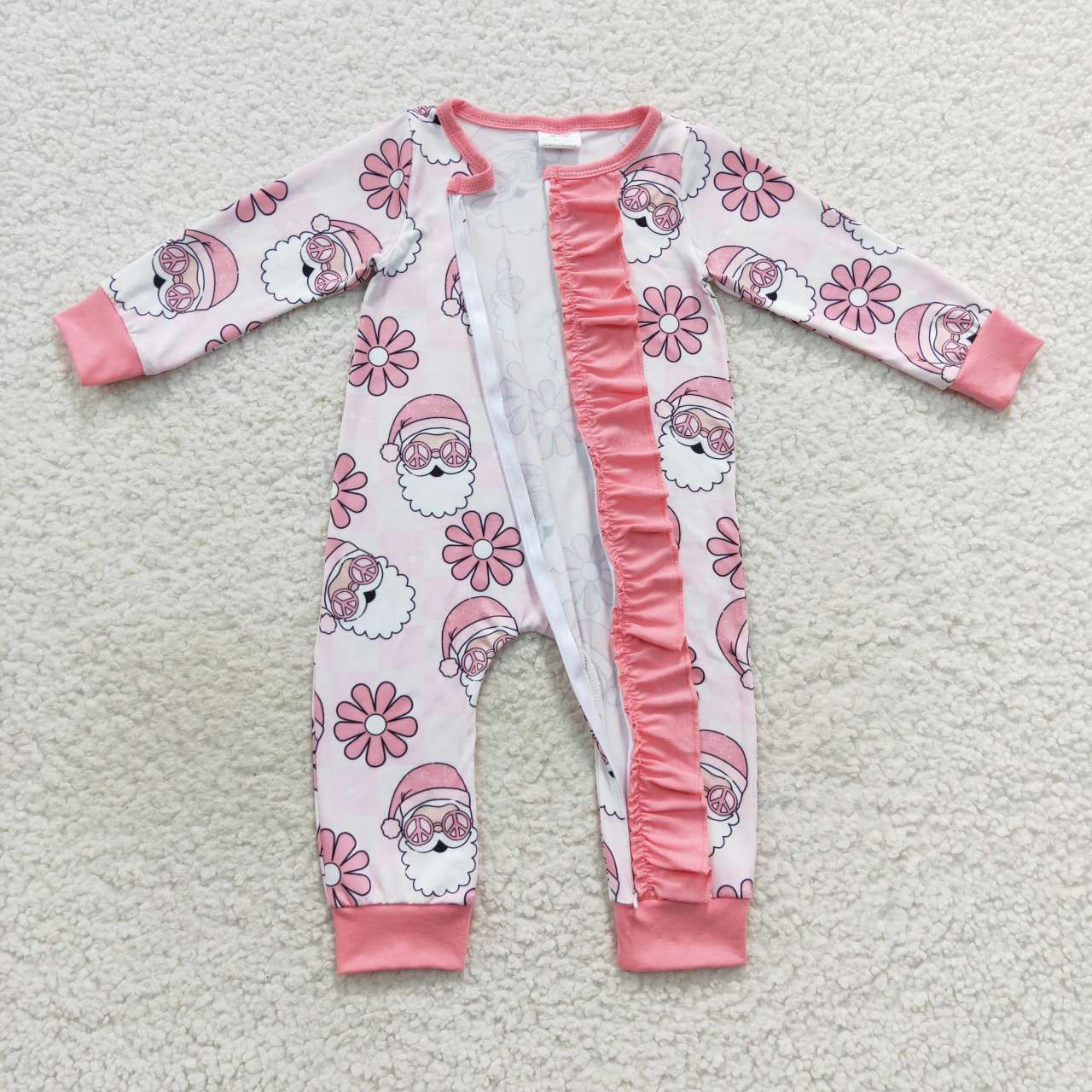 Baby Girls Sister Christmas Pink Santa Pajama and Zipper Romper