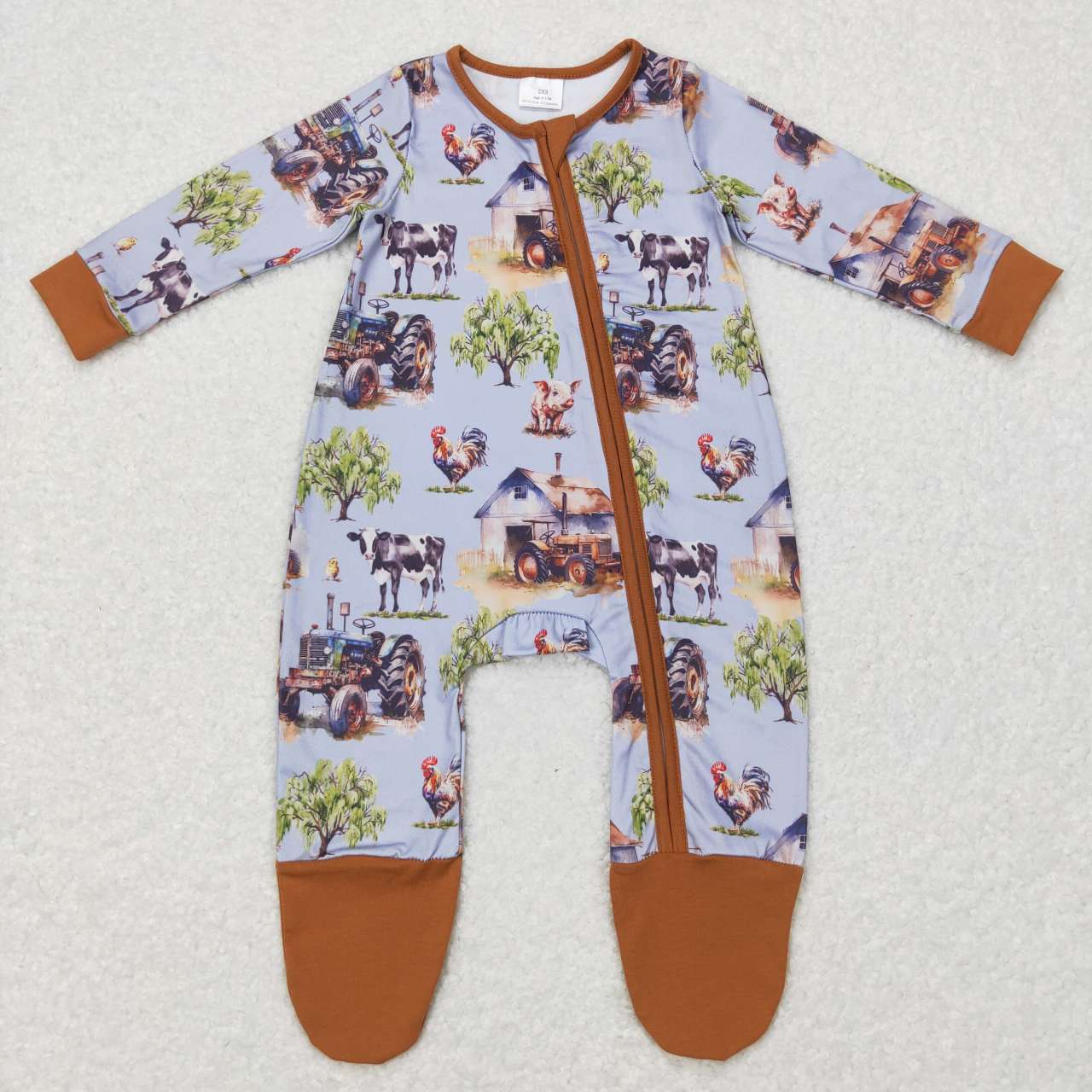 Sibling Baby   Boys  Farm  Long Sleeve Footie Zip Rompers