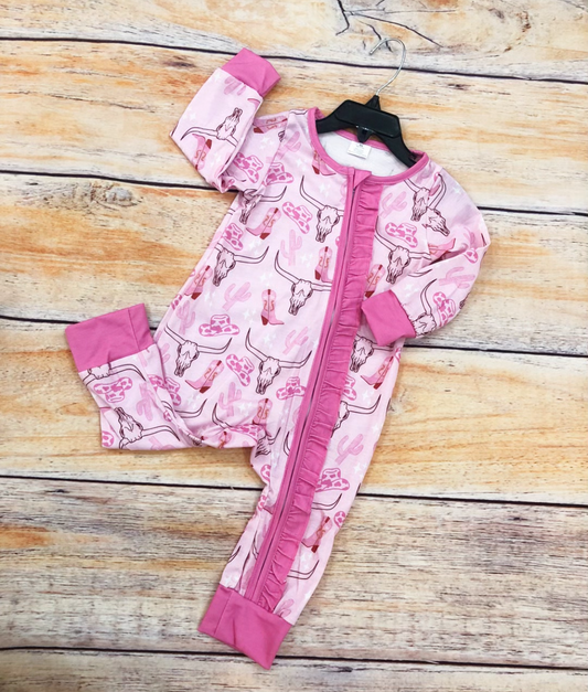 Baby Girls Cow Skull Pink Ruffle Zip Long Sleeve Bamboo Rompers