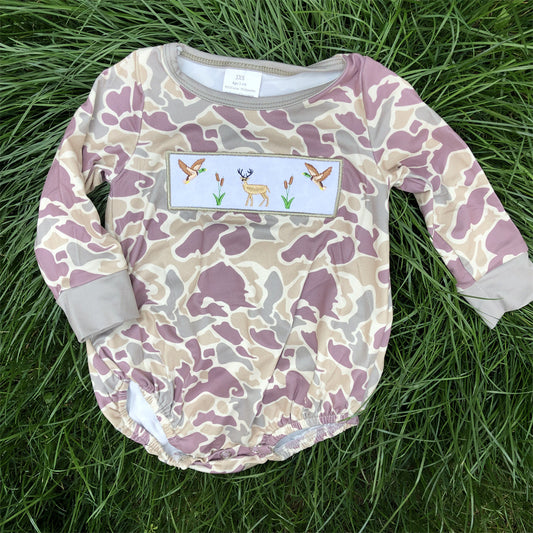 LR0714 Baby Boys Embroidery Hunting Deer Long Sleeve Bubble Romper
