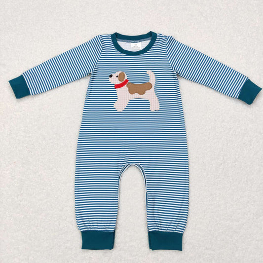 Baby Boys Cute Dog Blue Striped Long Sleeve Romper