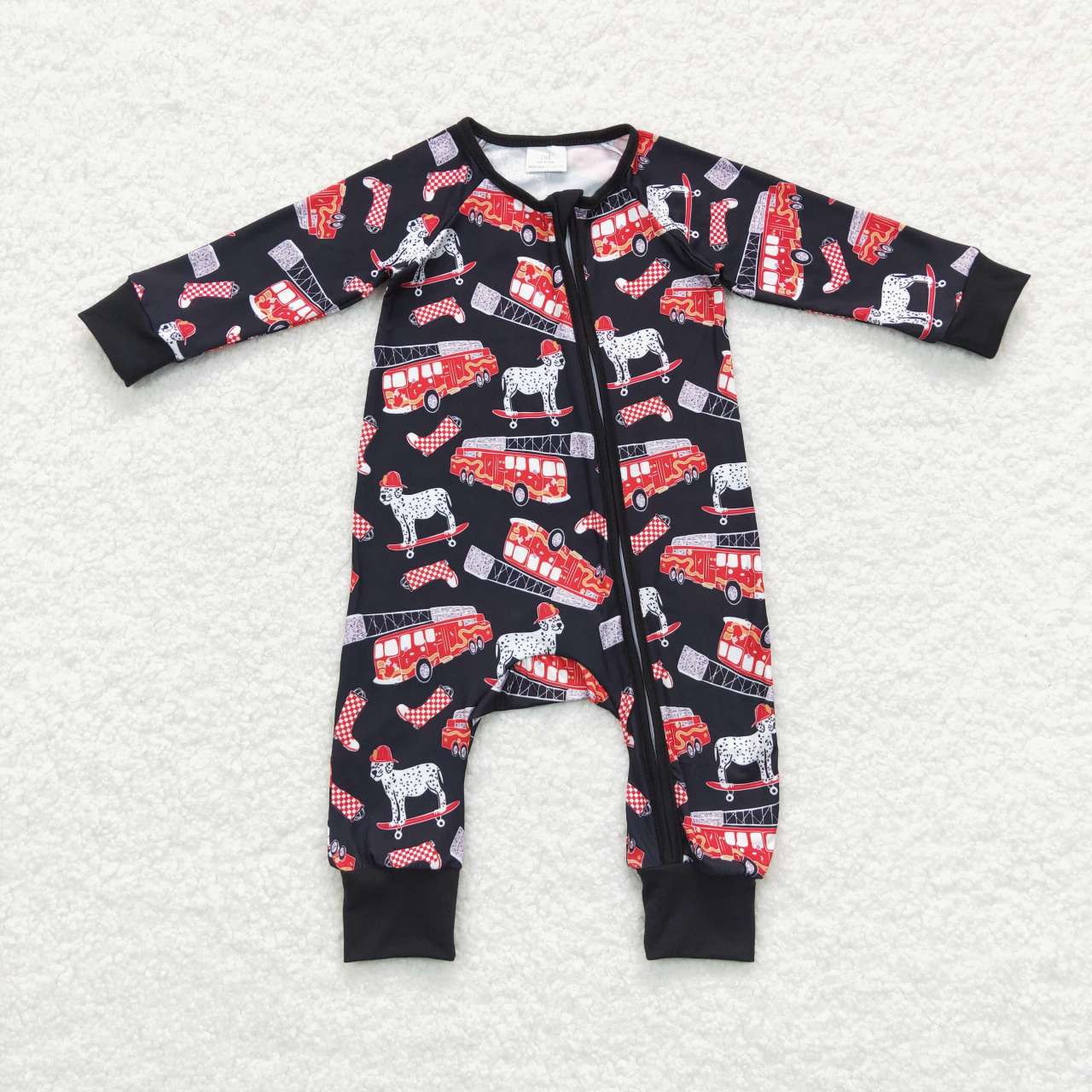 LR0735 Baby Infants Boys Firetruck Zip Long Sleeve Rompers