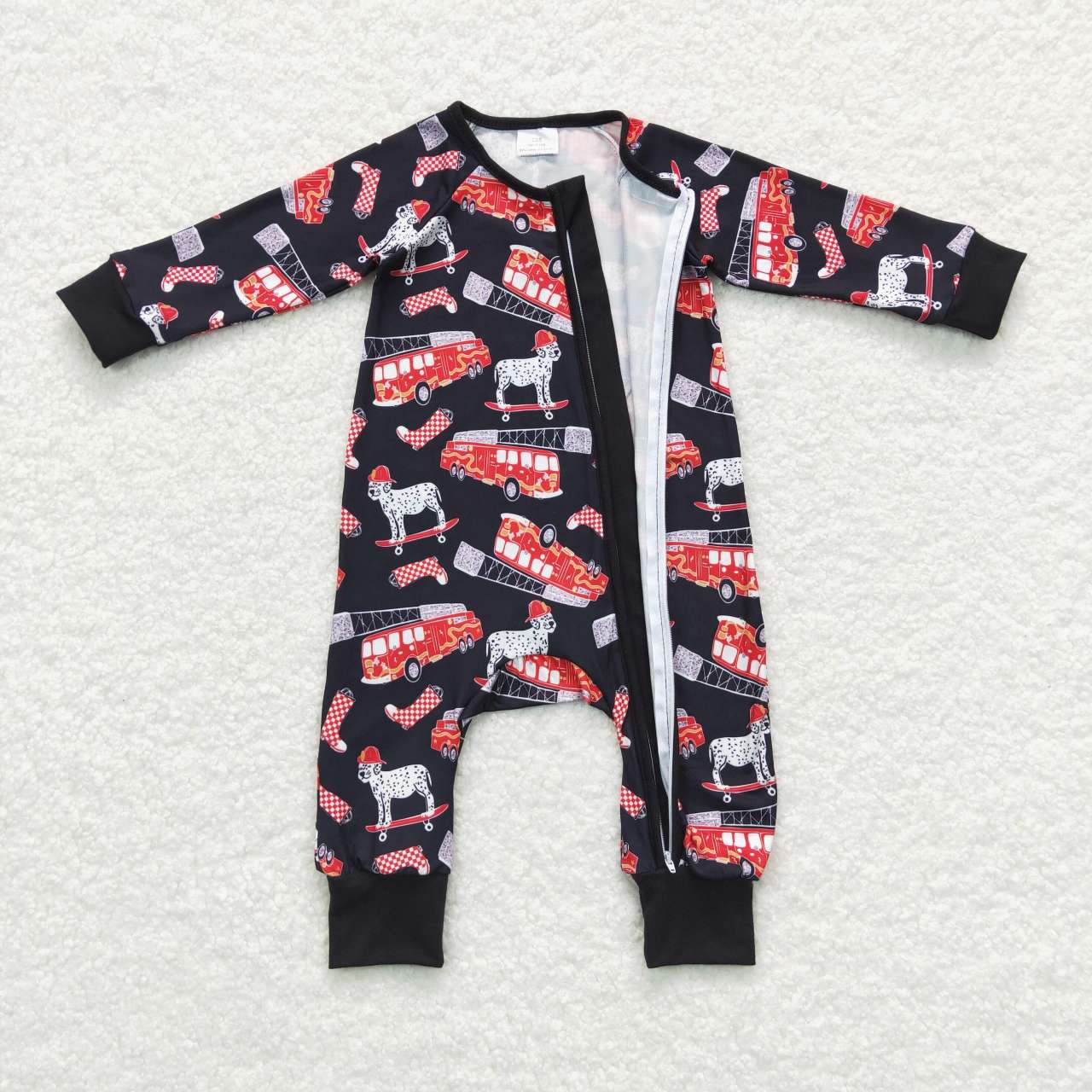 LR0735 Baby Infants Boys Firetruck Zip Long Sleeve Rompers