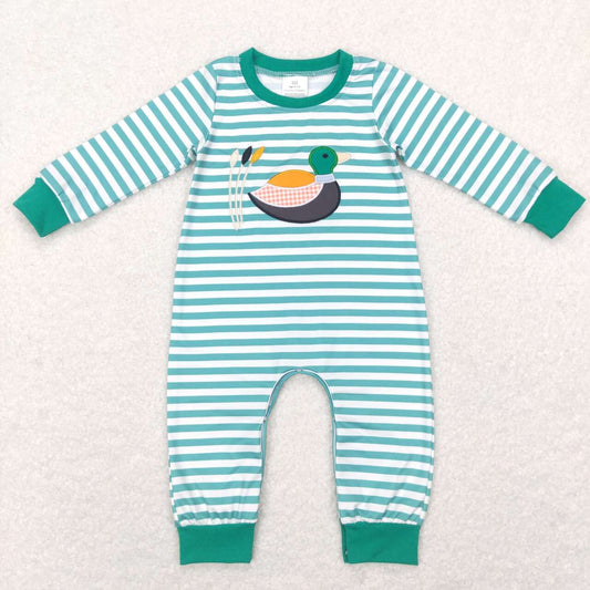 Baby Infant Boys Green Stripes Duck Hunting Long Sleeve Rompers
