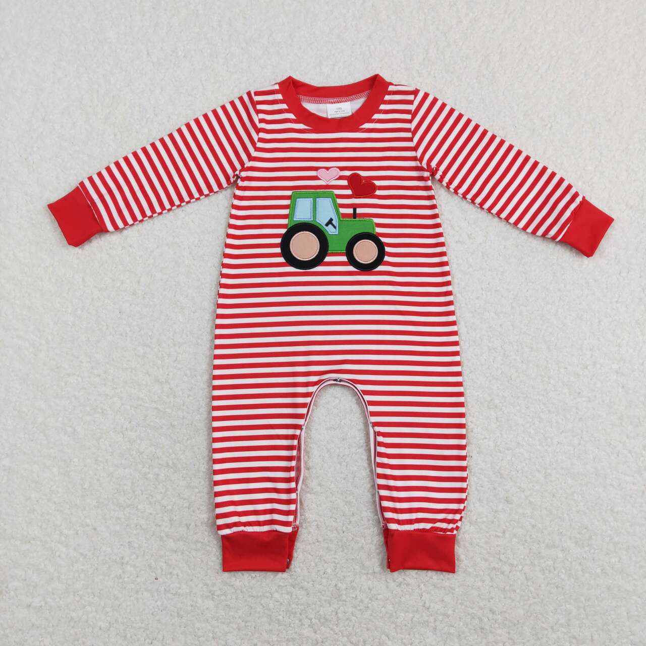 Sibling Girls Boys Valentines Red Stripes Tractor Hearts Outfit and Romper