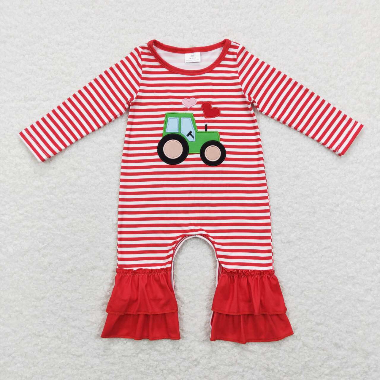 Sibling Girls Boys Valentines Red Stripes Tractor Hearts Outfit and Romper