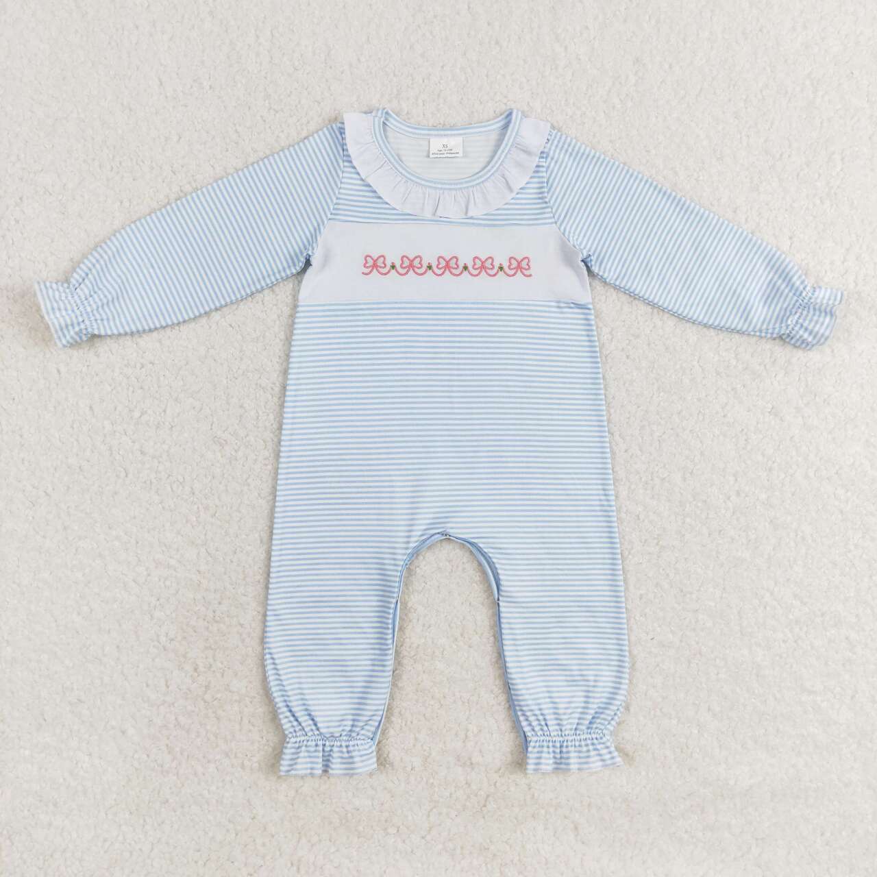 Sibling Baby Girls  Embroidery Bow Blue Striped Dress/Romper