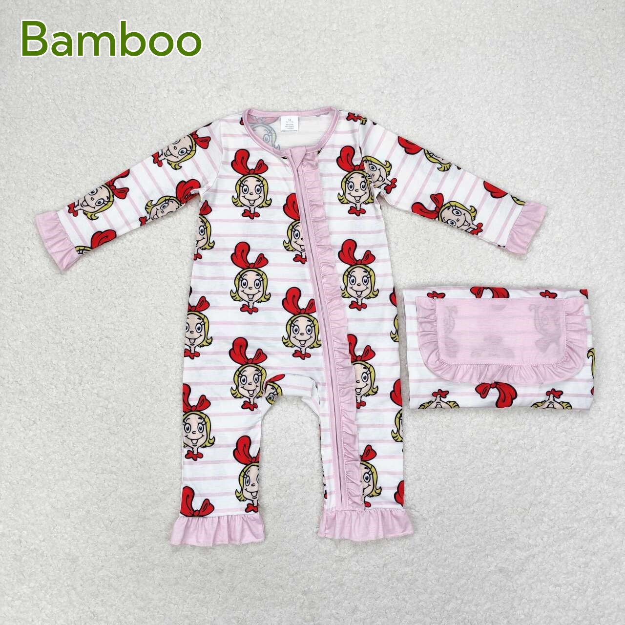 Baby Girls Sibling Christmas Pink Cartoon Bamboo Pajama and Romper