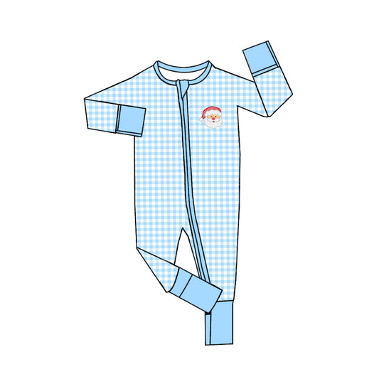 LR1250  Newborn Baby boys Zipper Romper Christmas Santa Blue Gingham