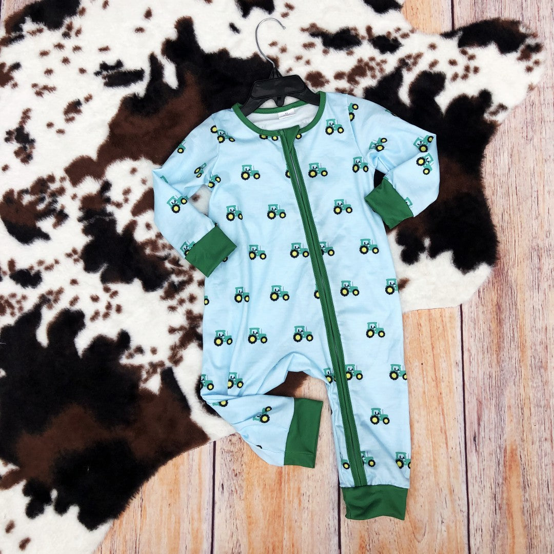 Baby Boys Farm Tractor Zip Bamboo Romper