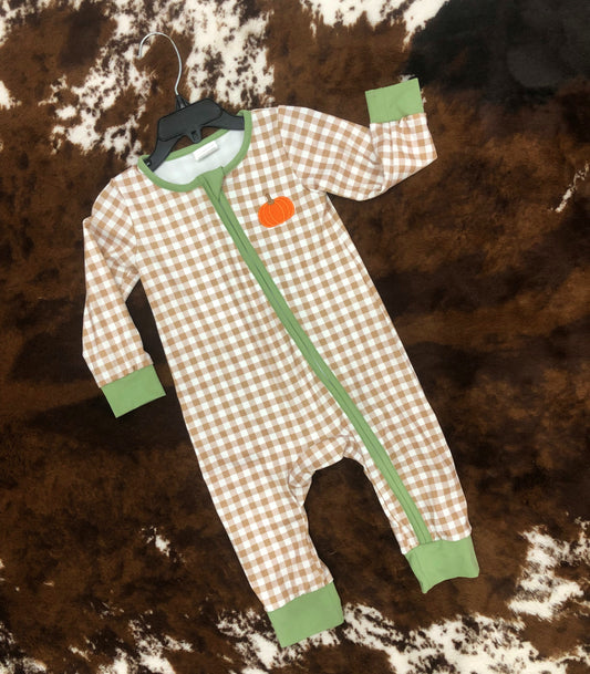 Baby Boys Pumpkin Brown Gingham Zipper Romper