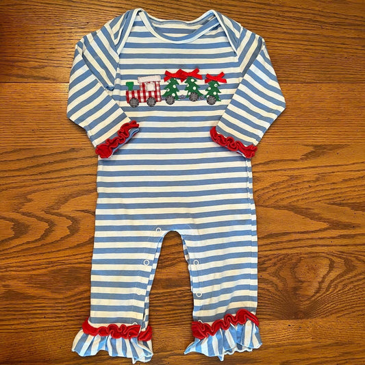 Baby Girls Christmas Tree Truck Blue Striped Long Sleeve Romper Preorder